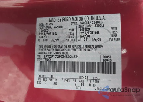 1999 Ford F-150 Work Series/Xl/Xlt из США, поврежденный, VIN 1FTZF1729XNB02459